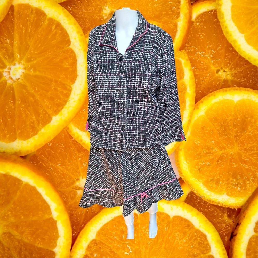 Tweed Skirt Suit Set Blazer & Mini Skirt‎ Pink Trim Career Office